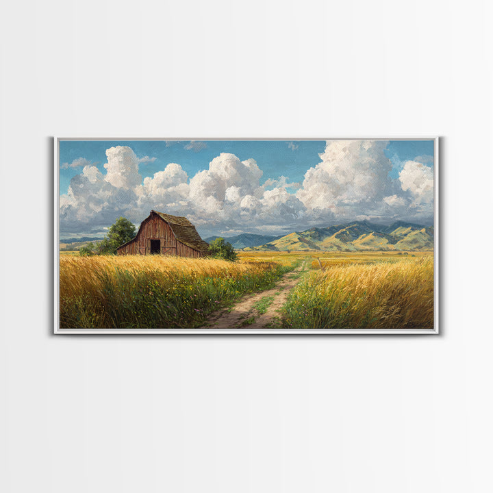 Classic Country Barn in Golden Autumn Field With Mountain Backdrop Oil Painting Canvas Print Wall Art for Rustic Home Decor