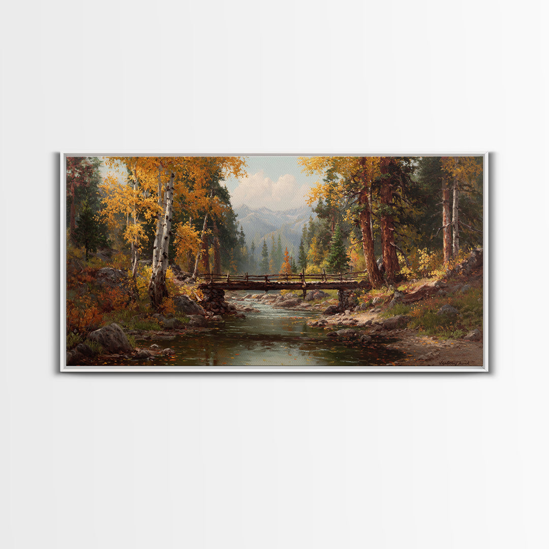 Peaceful Autumn Forest Landscape With Creek And Wooden Bridge Oil Painting Wall Art Framed Canvas Print