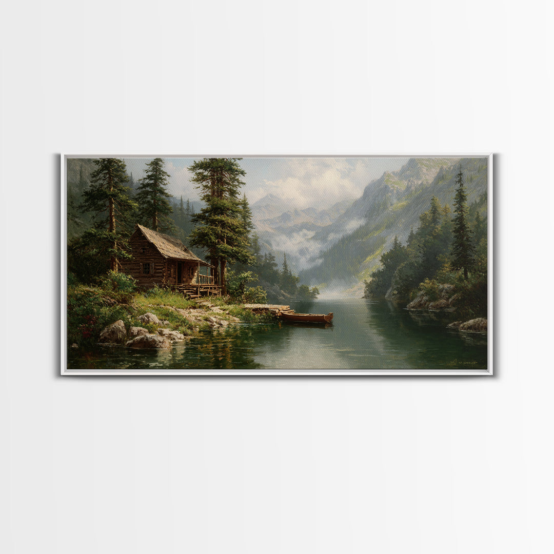 Peaceful Riverside Cabin Landscape Painting Wall Art Framed Canvas Print Rustic Home Decor Large Art Print