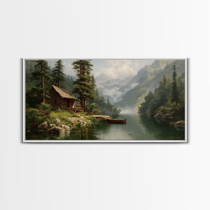 Peaceful Riverside Cabin Landscape Painting Wall Art Framed Canvas Print Rustic Home Decor Large Art Print