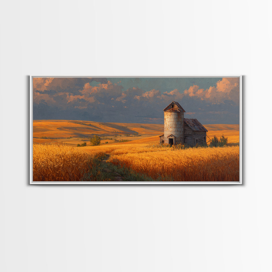 Rustic Barn In Golden Wheat Field Landscape Painting Beautiful Country Scene Wall Art Framed Canvas Print For Farmhouse Decor