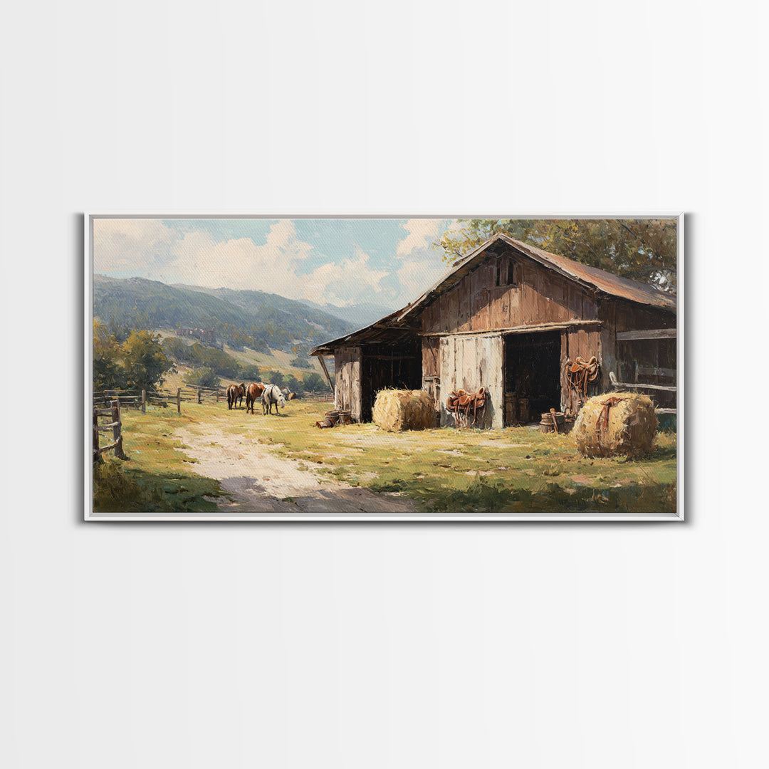 Rustic Western Hay Bales And Horses In Countryside Oil Painting Canvas Print For Farmhouse Wall Art And Country Home Decor