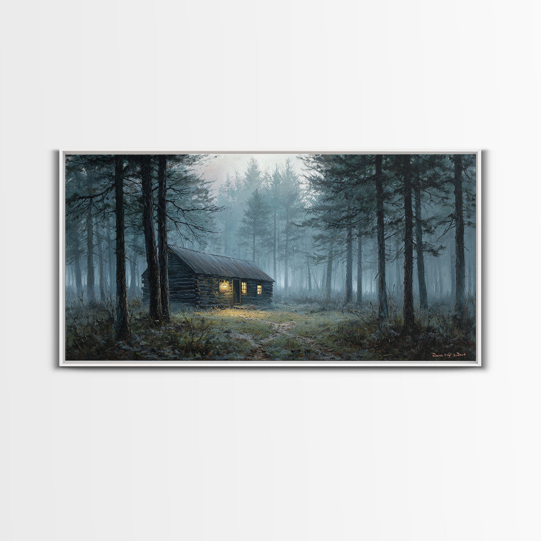 Misty Forest Cabin Landscape Wall Art Framed Canvas Print Cozy Rustic Home Decor Nature Painting