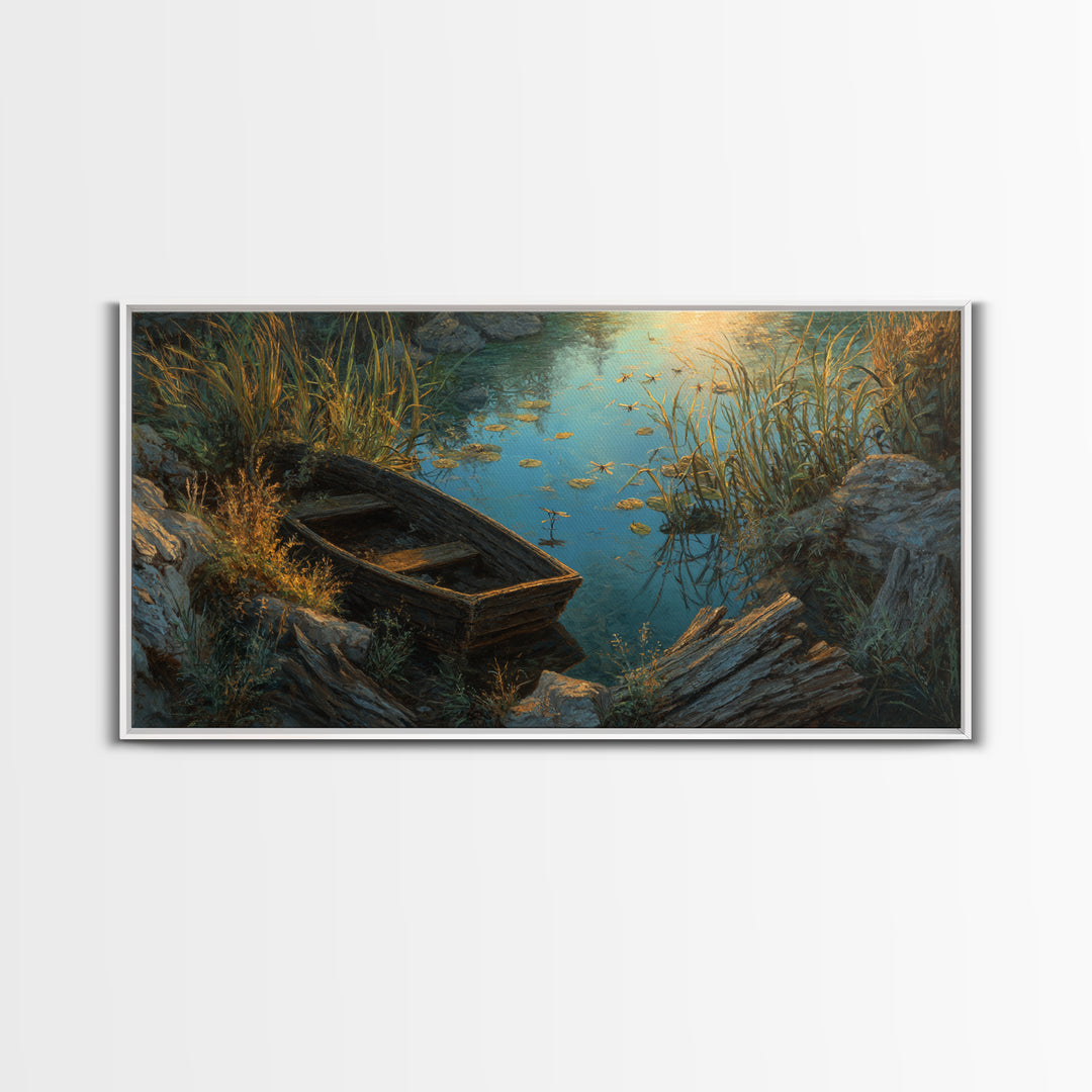 Rustic Oil Painting Capturing Quiet Lakeside With Old Wooden Boat Among Calm Water And Rocks Serene Nature Wall Art For Home Decor Framed Canvas Print