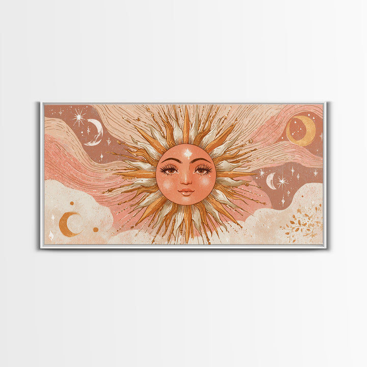 Boho Sun Face Wall Art, Celestial Moon And Stars Illustration, Terracotta Mystical Decor, Whimsical Nursery Art Print Gift