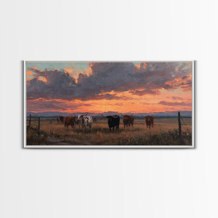 Dramatic Sunset Over Cattle Ranch With Vibrant Sky And Silhouetted Herd Canvas Print Large Wall Art For Rustic Decor