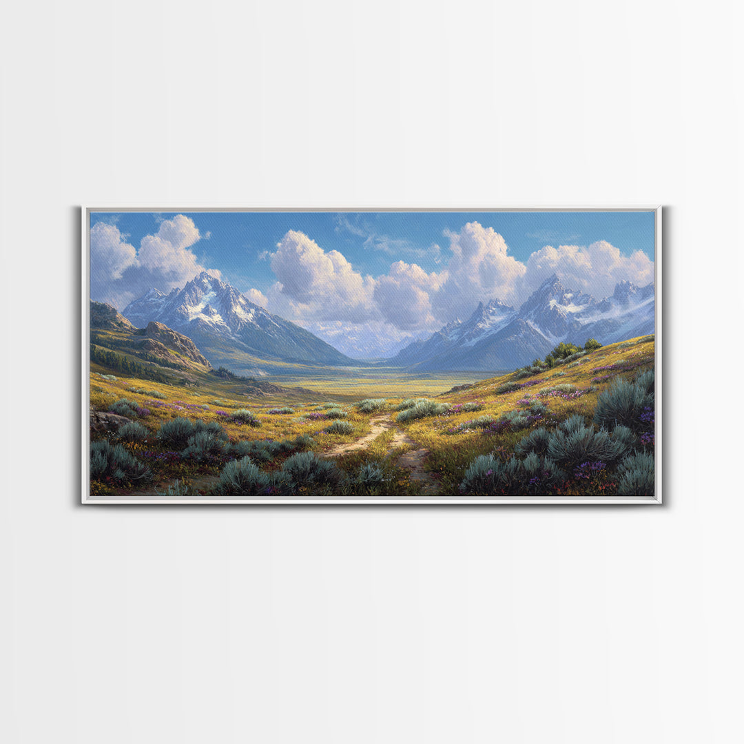 Stunning Realistic Mountain Landscape Painting Canvas Print Featuring Wildflowers And Blue Sky Large Wall Art For Living Room Decor