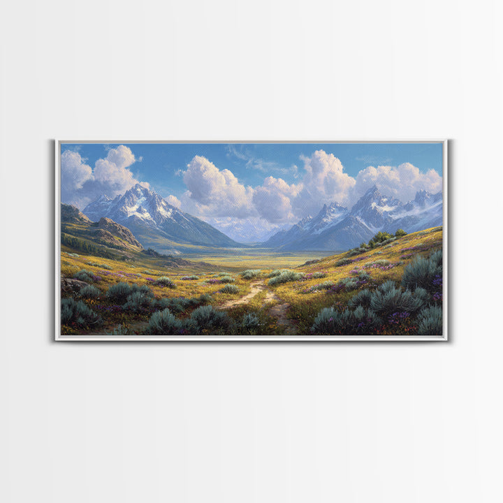 Stunning Realistic Mountain Landscape Painting Canvas Print Featuring Wildflowers And Blue Sky Large Wall Art For Living Room Decor