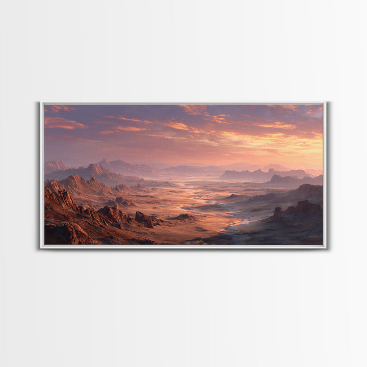 Expansive Desert Canyon Landscape With Warm Sunset Glow Moody Wall Art Framed Canvas Print Suitable For Living Room Decor