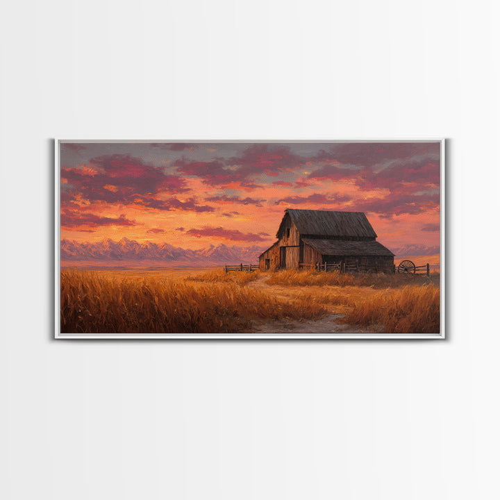 Rustic Old Wooden Barn With Wheat Field Landscape Rustic Wall Art Painted Canvas Print Farmhouse Decor Framed Wall Art