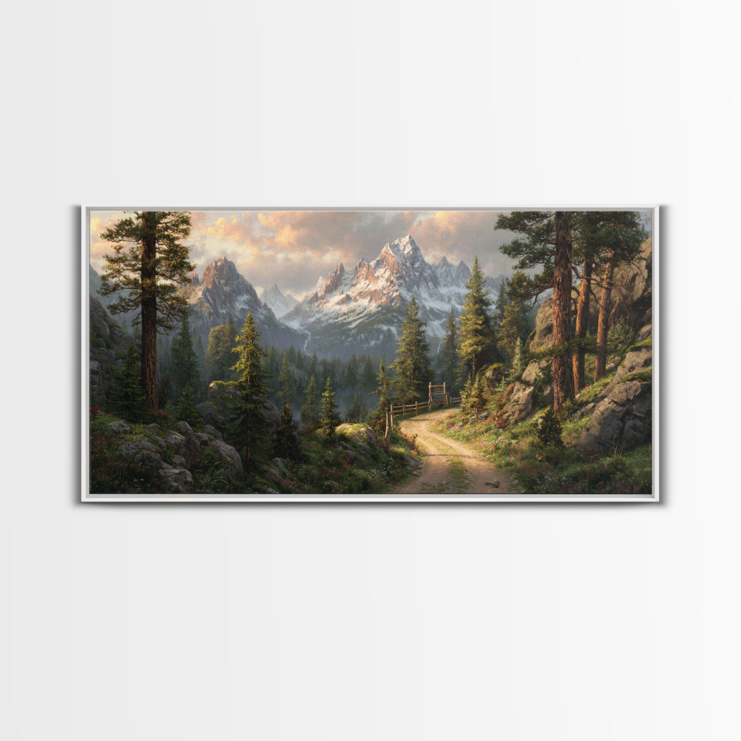 Majestic Mountain Path With Lush Pine Trees Wall Art Framed Canvas Print Landscape Painting For Rustic Home Decor Cabin Art