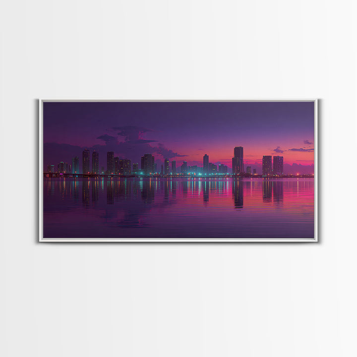 City Skyline At Dusk Stunning Sunset Colors Reflecting On Water Large Wall Art Framed Canvas Print Home Decor
