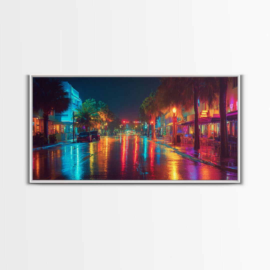 Colorful Night City Street With Neon Lights And Reflections On Wet Pavement Modern Wall Art Print Canvas