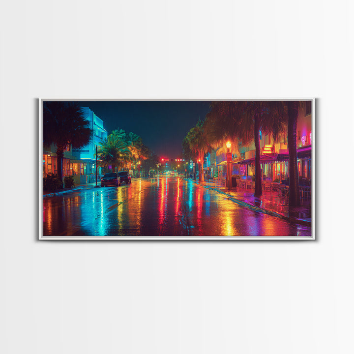 Colorful Night City Street With Neon Lights And Reflections On Wet Pavement Modern Wall Art Print Canvas
