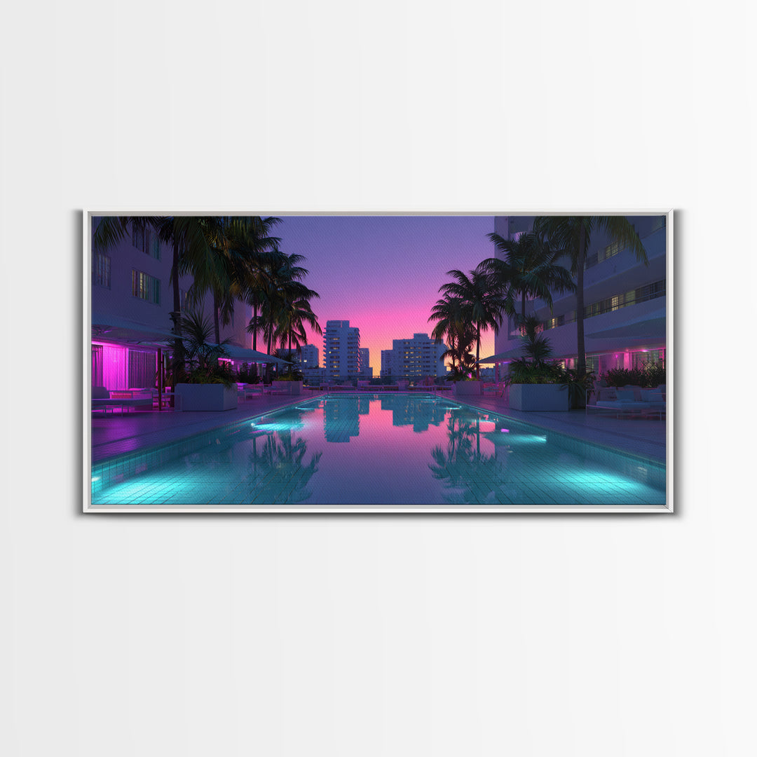 Luxury Modern Miami City Pool Sunset Palm Trees Reflected In Water For Chic Living Room Decor Framed Canvas Print