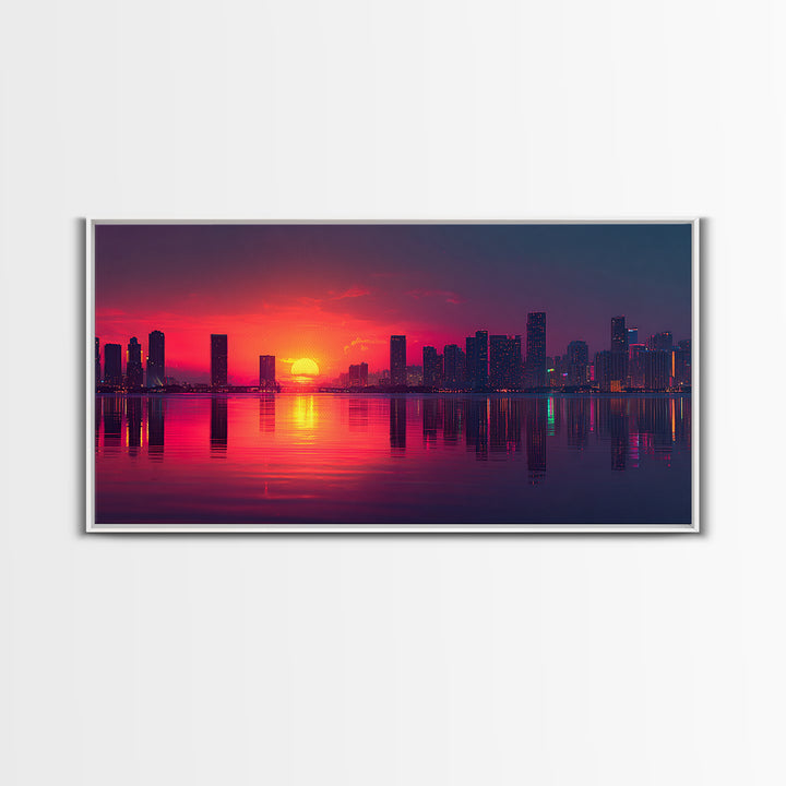 Vibrant Sunset Over City Skyline Reflected On Water Contemporary Wall Art For Living Room Decor Framed Canvas Print With Modern Home Decor Appeal