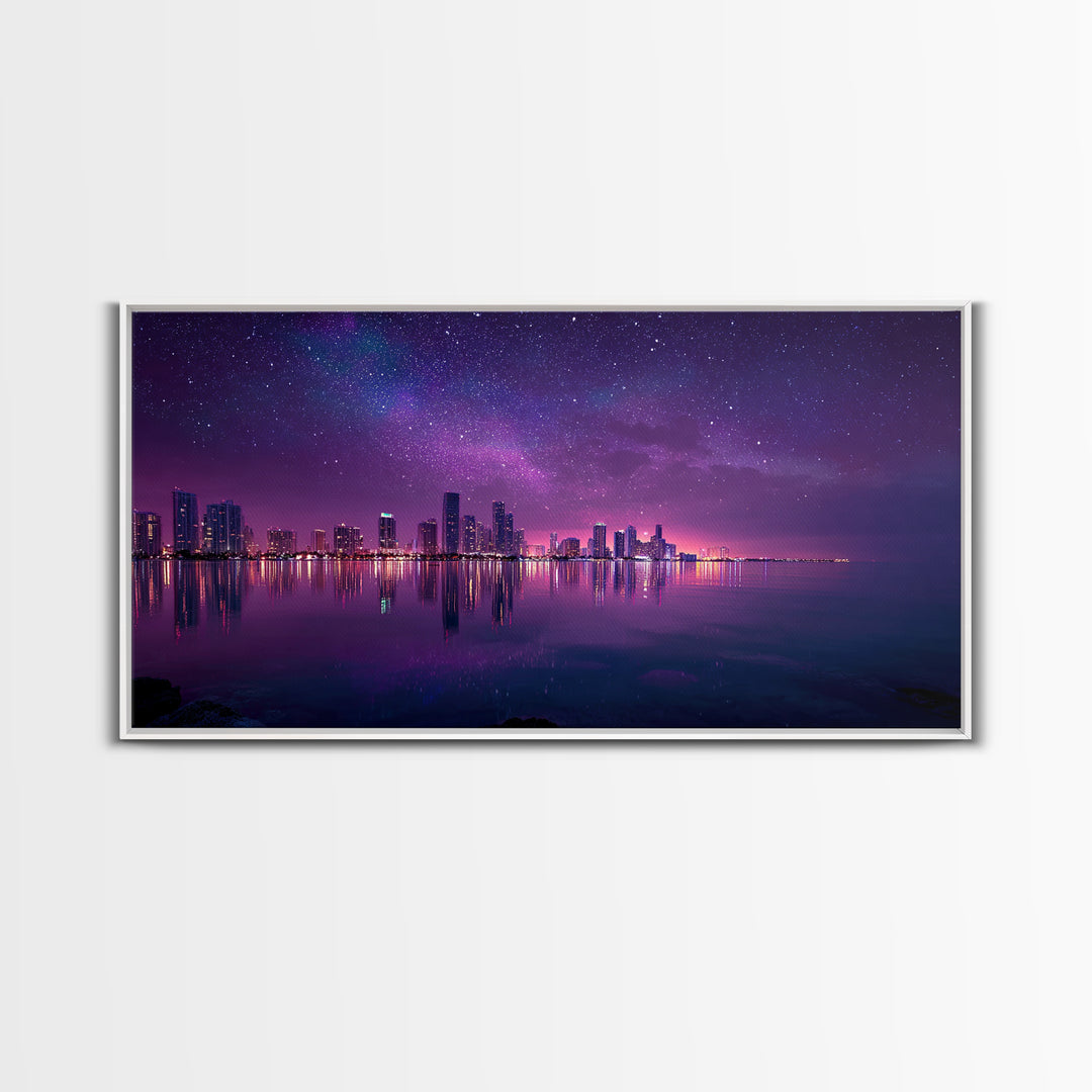 Vibrant Neon Purple City Skyline At Night With Starry Sky Reflections Wall Art Modern Wall Decor Canvas Print