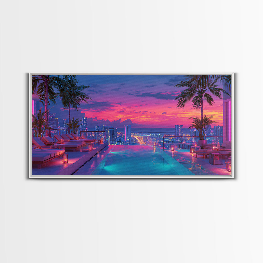 Vibrant Sunset Rooftop Pool Scene With Palm Trees And Cityscape Background Wall Art For Home Decor Framed Canvas Print