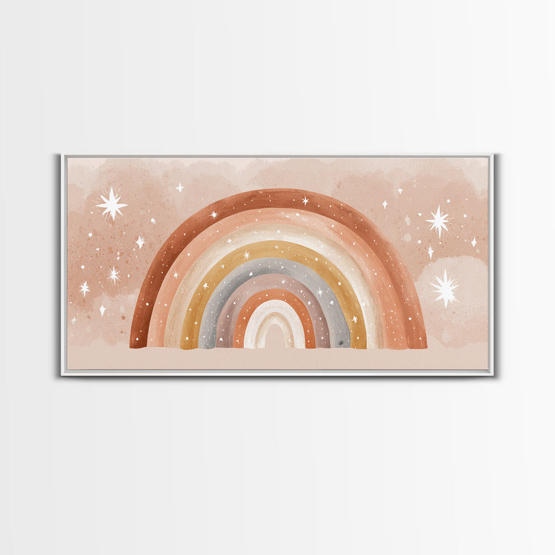 Starry Watercolor Rainbow Wall Art, Pastel Nursery Decor, Kids Room Wall Art, Boho Prints, Baby Shower Gift, Framed Canvas Print