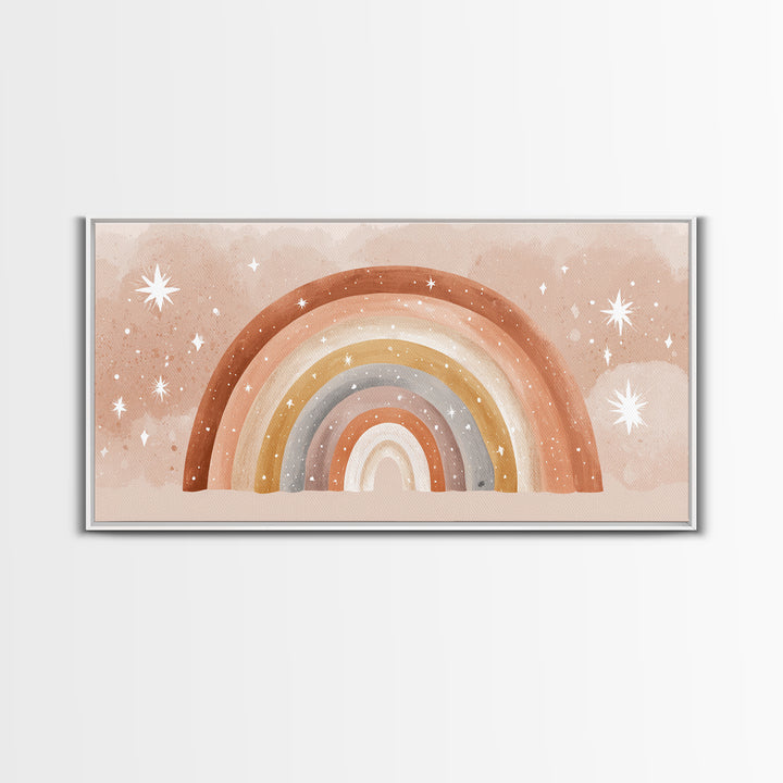 Starry Watercolor Rainbow Wall Art, Pastel Nursery Decor, Kids Room Wall Art, Boho Prints, Baby Shower Gift, Framed Canvas Print