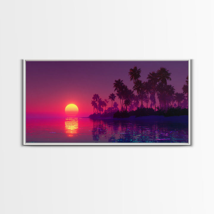 Tropical Sunset Beach Scene With Palm Trees Framed Canvas Print, Vibrant Coastal Wall Art For Living Room And Tropical Home Decor