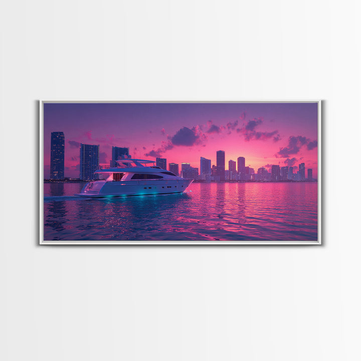 Luxury Yacht Sailing At Vibrant Pink Sunset Skyline With Modern Cityscape Featured As Wall Art For Home Decor