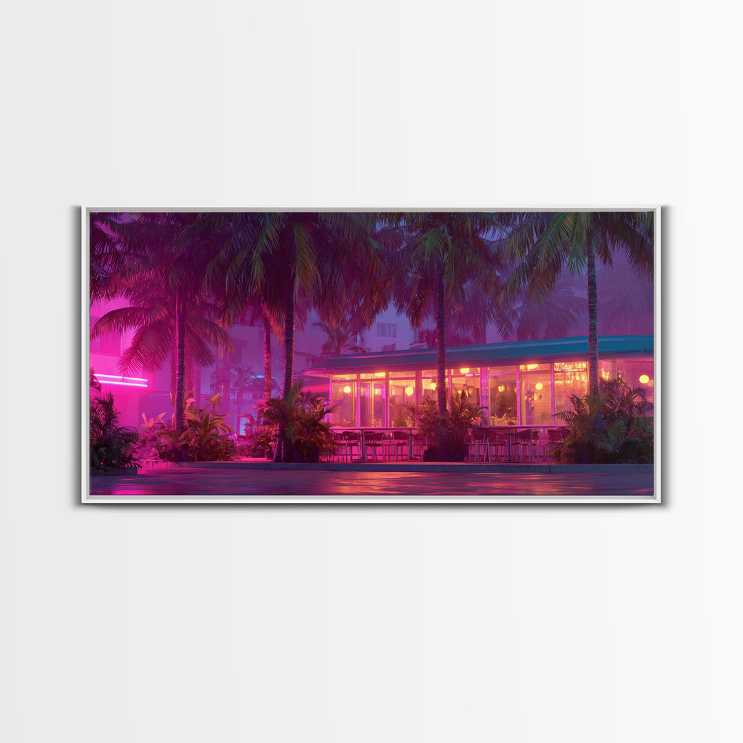 Vibrant Neon Lit Tropical Cafe At Night Palm Trees Retro Miami Style Wall Art Prints For Home Decor