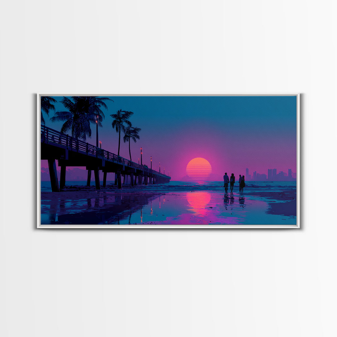 Vibrant Neon Sunset Beach Scene With Silhouettes Of People Framed Canvas Print Coastal Wall Art For Modern Living Room And Bedroom Decor