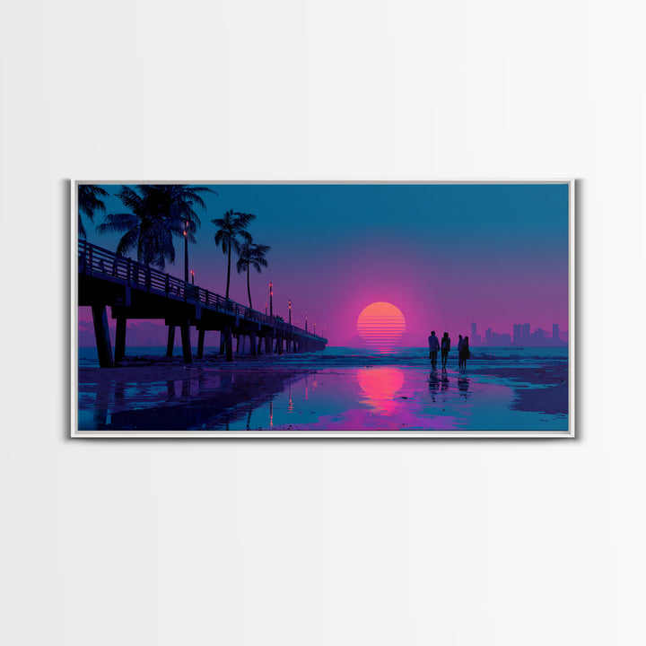 Vibrant Neon Sunset Beach Scene With Silhouettes Of People Framed Canvas Print Coastal Wall Art For Modern Living Room And Bedroom Decor