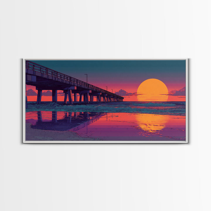 Sunset Pier Over Calm Ocean Waves Vibrant Pink Purple Beach Scene Wall Art Framed Canvas Print Coastal Home Decor