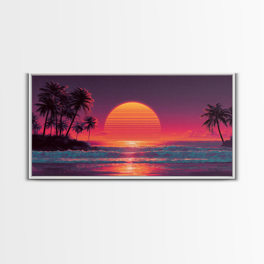 Vibrant Retro Sunset Tropical Beach Scene Digital Art Print Wall Art Framed Canvas Print Coastal Home Decor