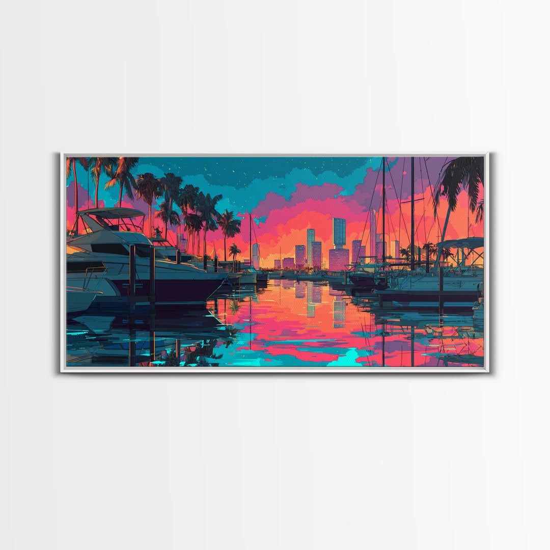 Colorful Harbor Scene With Boats Palm Trees And Sunset Sky Vibrant Contemporary Wall Art Canvas Print