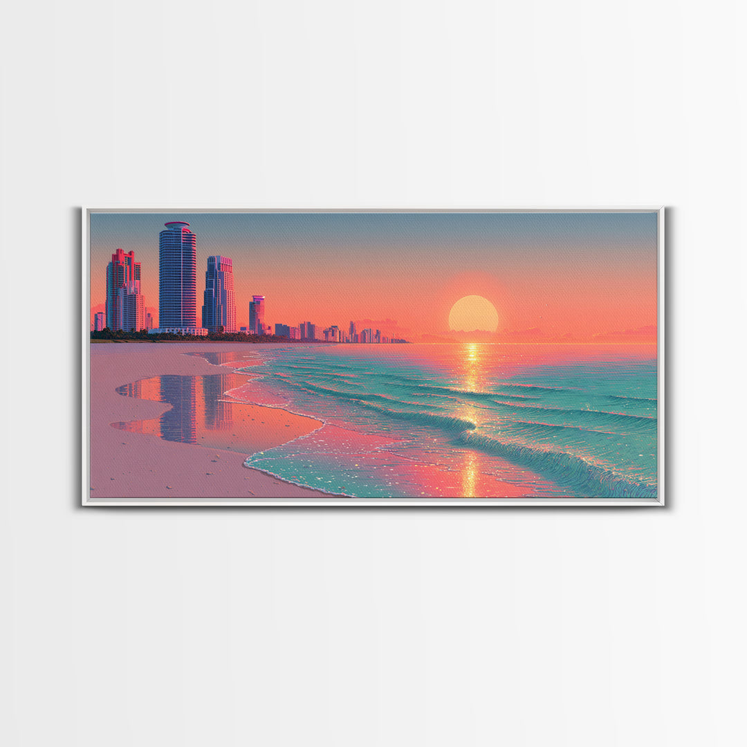 Vibrant Sunset Over Modern Coastal City Beach With Reflective Waves Wall Art Framed Canvas Print For Home Decor