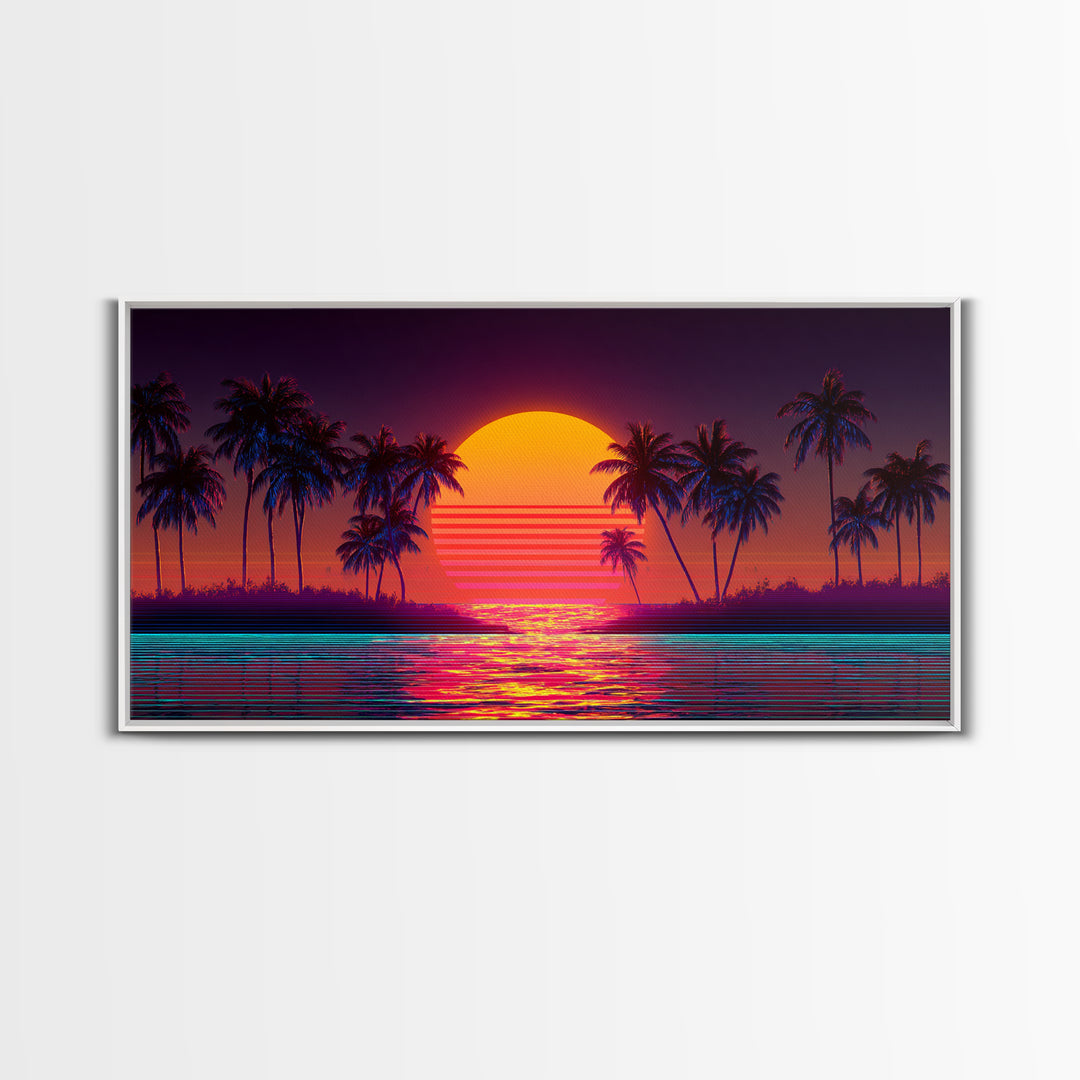 Retro Sunset Beach Palm Trees Digital Art Print Vibrant Coastal Wall Art Canvas Print Modern Boho Decor