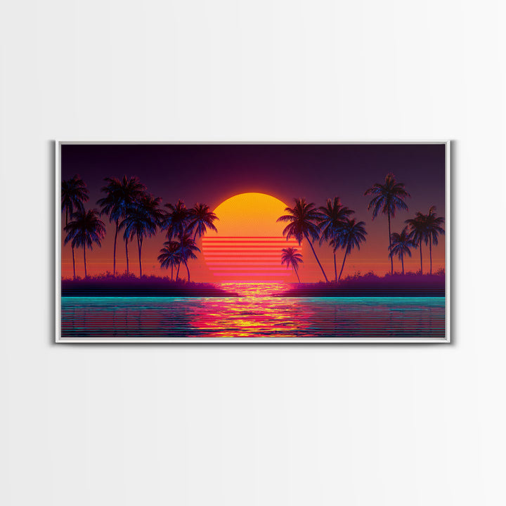 Retro Sunset Beach Palm Trees Digital Art Print Vibrant Coastal Wall Art Canvas Print Modern Boho Decor