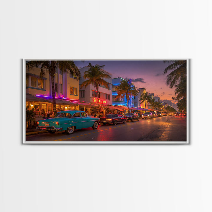 Vintage Urban Miami Beach Scene At Sunset With Classic Cars And Palm Trees Wall Art Canvas Print