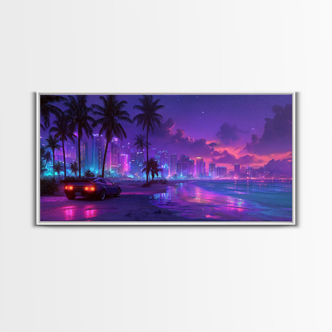 Cyberpunk Cityscape Night Scene With Neon Lights And Sports Car Modern Digital Art Canvas Print For Trendy Wall Art Home Decor