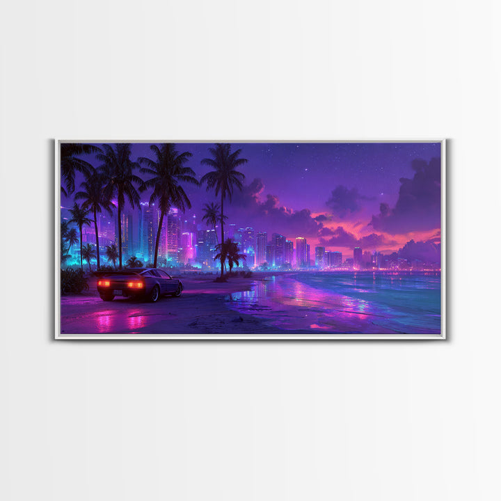 Cyberpunk Cityscape Night Scene With Neon Lights And Sports Car Modern Digital Art Canvas Print For Trendy Wall Art Home Decor