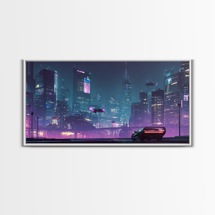 Futuristic Cyberpunk Cityscape At Night With Neon Lights And Hover Cars Wall Art, Vibrant Canvas Print For Modern Living Room Decor