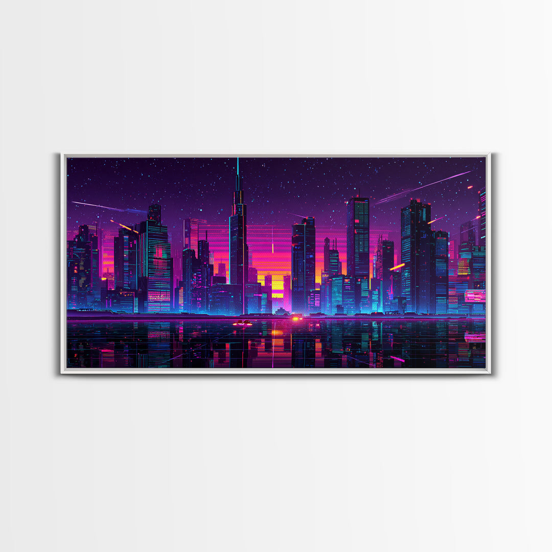 Vibrant Neon Cityscape With Reflective River And Pink Purple Sky Canvas Print Modern Urban Wall Art
