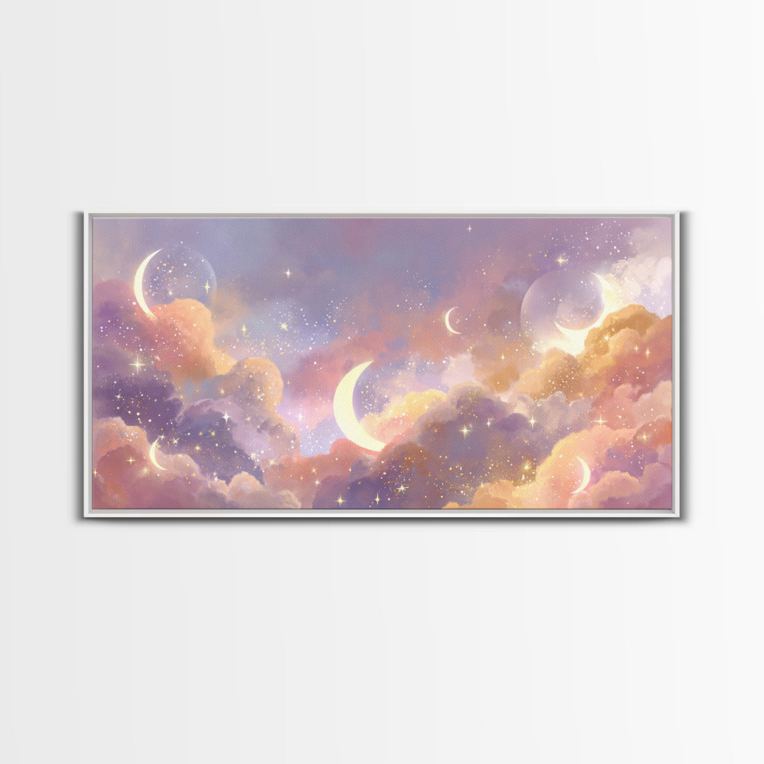 Glowing Crescent Moon Clouds Wall Art, Celestial Decor, Galaxy Art, Space Wall Art, Dreamy Bedroom Decor, Framed Canvas Print