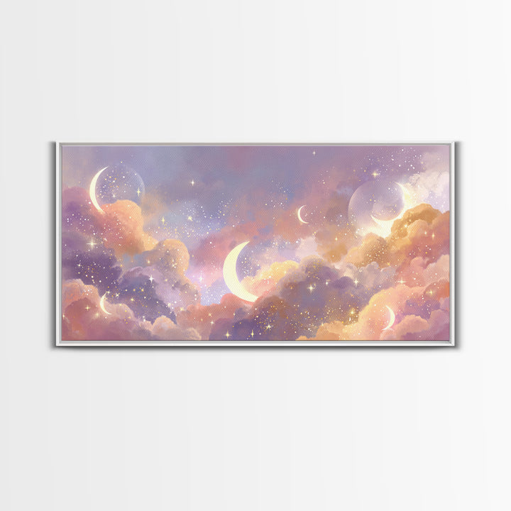 Glowing Crescent Moon Clouds Wall Art, Celestial Decor, Galaxy Art, Space Wall Art, Dreamy Bedroom Decor, Framed Canvas Print