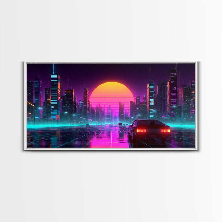 Vibrant Futuristic Cityscape Neon Lights Digital Artwork Modern Wall Art Canvas Print For Urban Living Room Decor
