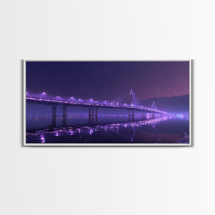 Nighttime Cityscape With Illuminated Bridge Over Waterstars Sky Reflections Beautiful Large Wall Art Framed Canvas Print