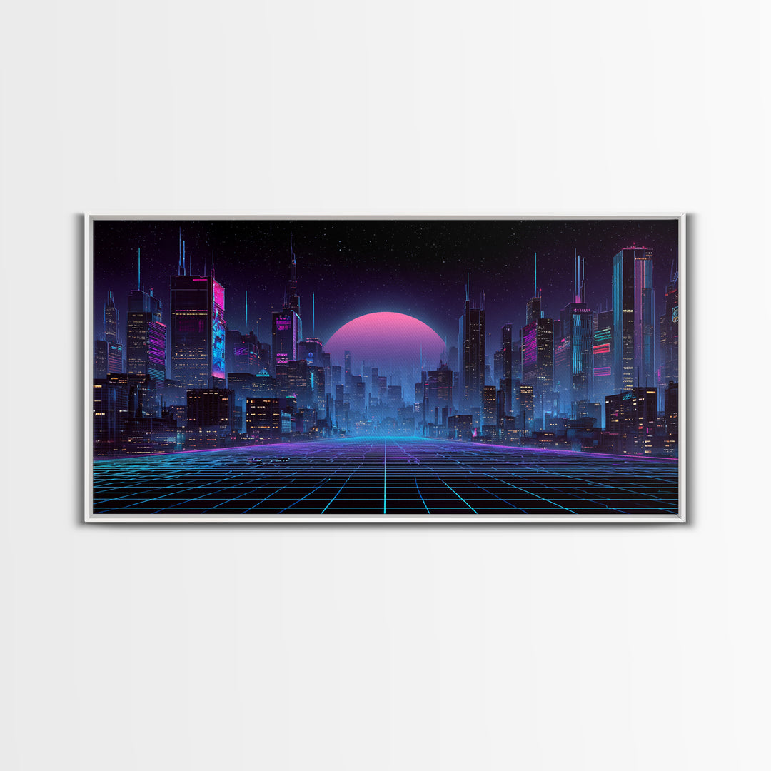 Cyberpunk Futuristic Cityscape Landscape With Neon Lights And Moon Framed Canvas Print For Modern Wall Art And Office Decor