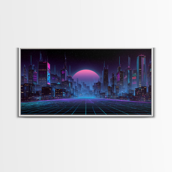 Cyberpunk Futuristic Cityscape Landscape With Neon Lights And Moon Framed Canvas Print For Modern Wall Art And Office Decor