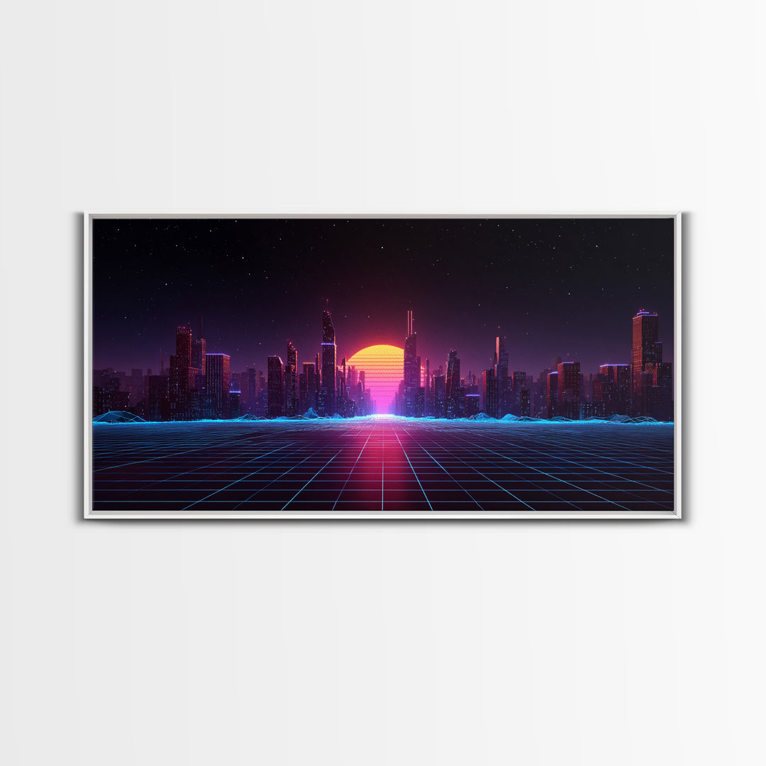 Futuristic Cyberpunk Neon City Digital Artwork With Vibrant Sunset And Grid-Like Road Abstract Sci-Fi Framed Canvas Print For Modern Wall Decor