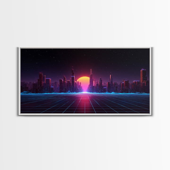 Futuristic Cyberpunk Neon City Digital Artwork With Vibrant Sunset And Grid-Like Road Abstract Sci-Fi Framed Canvas Print For Modern Wall Decor