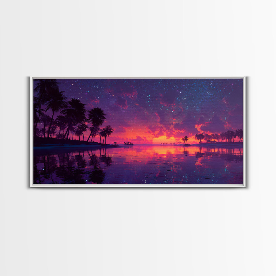 Tropical Sunset Beach With Palm Trees Landscape Painting Canvas Print For Coastal Wall Art
