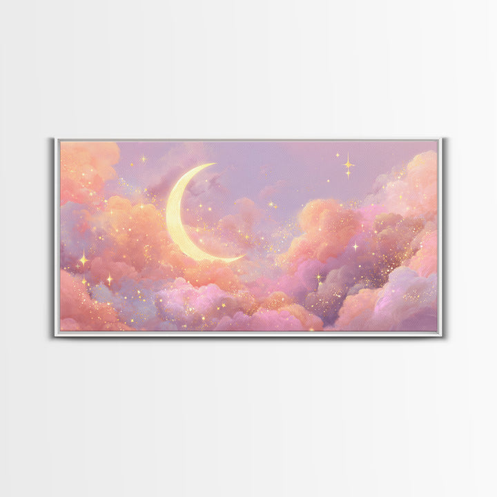 Golden Crescent Moon Clouds Wall Art, Pastel Celestial Decor, Pink Wall Art, Dreamy Nursery Art, Whimsical Decor, Canvas Print